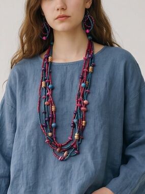 Vintage 80s multi strand wood Beaded Necklace Earring Set Lagenlook cottagecore